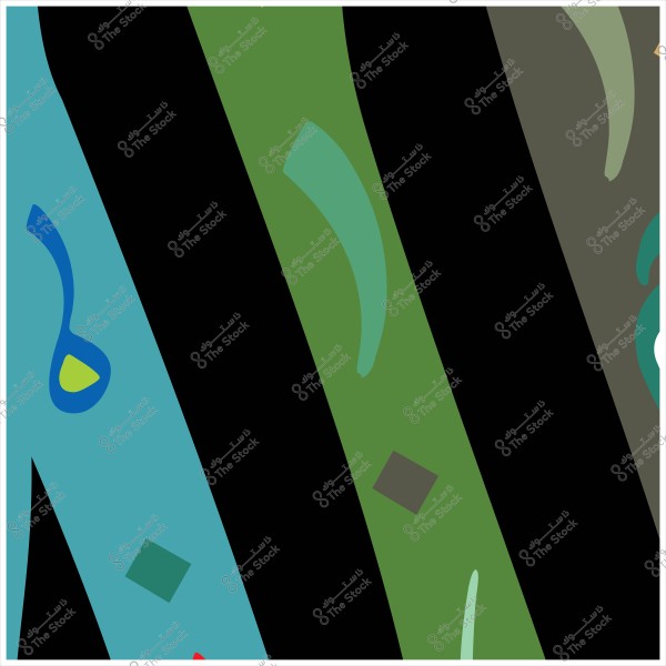 لوحة تجريدية تحتوي على ألوان زرقاء وخضراء وسوداء, مع أشكال هندسية مختلفة مثل المربعات والحلقات.