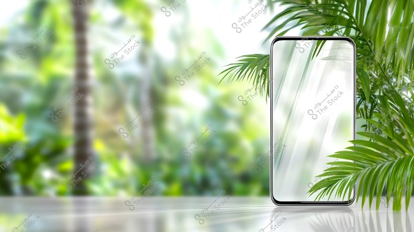 The image features a modern bezel-less smartphone displayed among lush green tropical plants. The background is blurred, highlighting the greenery and creating a sense of freshness and connection with nature.