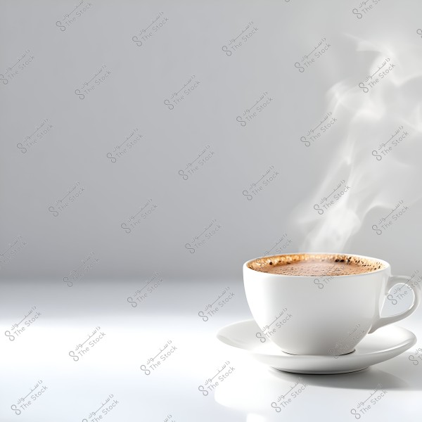An image of a white coffee cup on a white saucer, placed on a glossy surface with a light gray background. Steam is rising from the hot coffee, giving the image a sense of warmth and freshness.