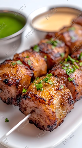 Image of a skewer of grilled kebabs garnished with chopped parsley. The kebabs are well-roasted with a brown, crispy crust. In the background, there are small bowls containing green sauce and another with a pale yellow sauce, suggesting accompanying condiments or dips.