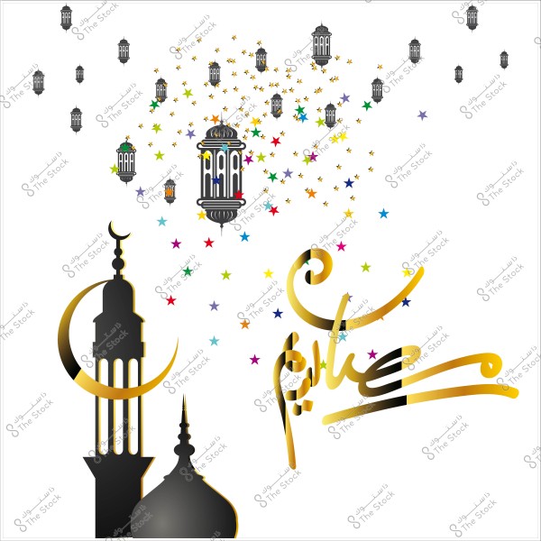 صورة تحتوي على تصميم لفوانيس رمضان مع هلال وزخارف نجوم متعددة الألوان وكلمة "عيد سعيد" بخط عربي مزخرف.
