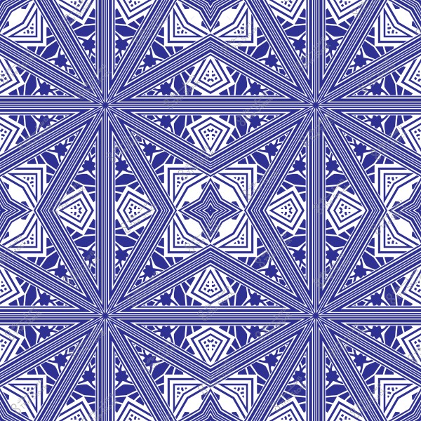 A symmetrical and intricate geometric pattern in blue and white, comprising repeating geometric shapes such as squares, triangles, and stars, creating a design reminiscent of traditional Islamic ornamentation.