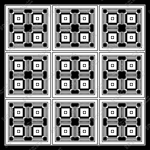 Geometric square pattern design in black and white consisting of repeated squares with intricate linear details.