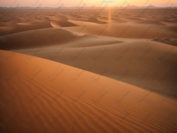 لقطة للكثبان الرملية الذهبية في الصحراء السعودية وتظهر السماء صافية  نهارًا ، الربع الخالي ، مناطق صحراوية، مصممة بواسطة الذكاء الاصطناعي.