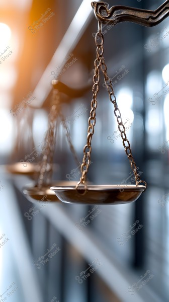Image representing a scale of justice suspended by metal chains, prominently displayed in the foreground with a blurred background featuring warm lighting and glass elements. The symbolism conveys law and justice.