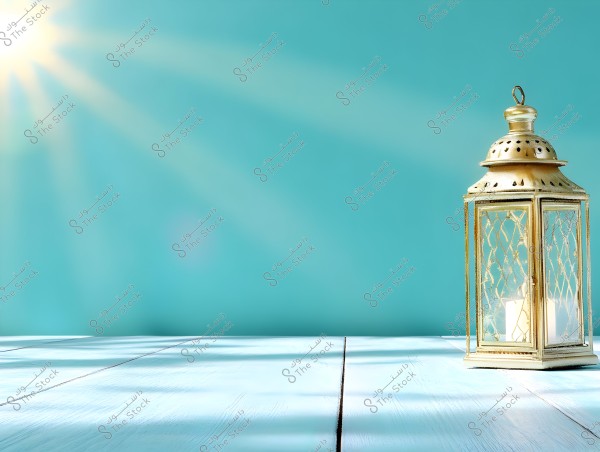 A traditional golden lantern placed on a light blue wooden surface, with a sky-blue background. Sun rays shine from the left side of the image, illuminating the lantern and the surrounding surface.