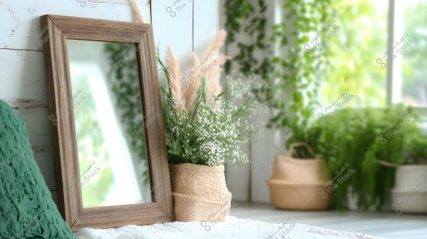 Image shows a wooden-framed mirror leaning against a white textured wall beside a vase filled with green plants and white feathery ornamental grasses. Other potted plants are on the wooden floor next to hanging green plants in the background, along with a window allowing natural light.