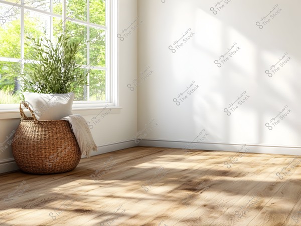 An indoor scene of a bright room with light wooden flooring. There is a large wicker basket on the floor containing a green plant and a white pillow, next to a folded blanket. Sunlight streams through the large window, casting shadows on the white walls.