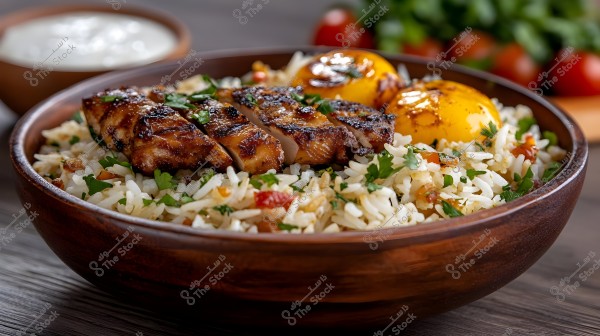 Image showing a delicious meal served in a wooden bowl, consisting of grilled sliced chicken placed over a bed of seasoned rice with cilantro and grilled vegetables like tomatoes and peppers. Next to the dish, there is a small bowl containing white sauce, and some small tomatoes can be seen in the background.