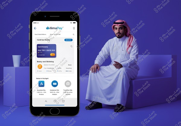 The image shows a man sitting on a modern bench, wearing traditional Saudi clothing consisting of a white thobe, red and white checkered ghutra, and a black agal. Next to him, there is a smartphone displaying a financial or banking app named \"IlimaPay\". The background is blue with a sleek, modern design, conveying a contemporary tech atmosphere.