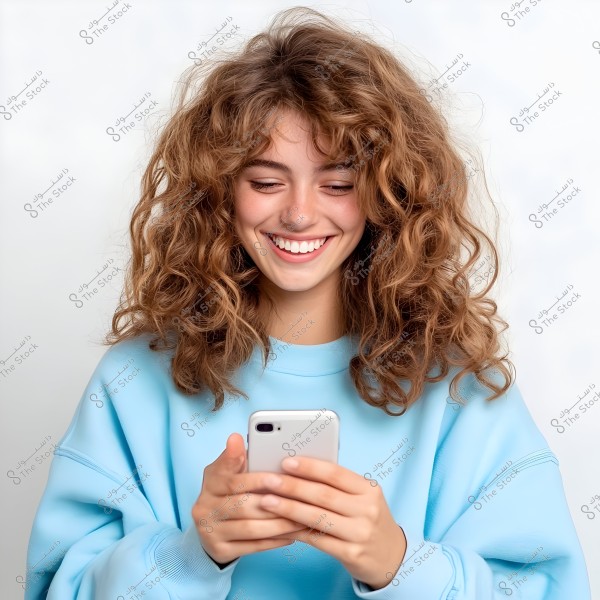 The image shows a young woman with long, curly brown hair smiling happily while looking at a mobile phone in her hands. She is wearing a light blue sweatshirt and gazing at the phone with interest. The background is simple and white.
