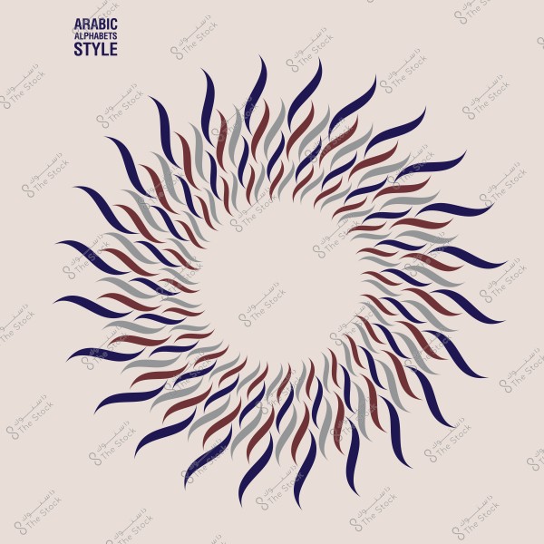 تصميم دائري مزخرف بنمط مستوحى من الكتابة العربية, بألوان الأزرق والرمادي والبني على خلفية بيضاء.