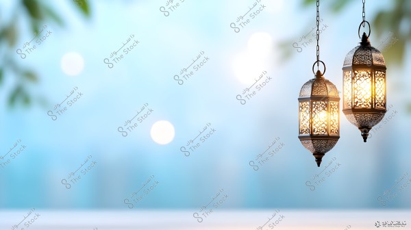 Two traditional hanging lanterns with a decorative design glowing warmly, suspended from chains against a blurred background in shades of blue. The scene includes hints of green foliage in the top left corner.