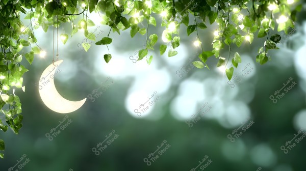 An image depicting a luminous crescent moon hanging among dangling green leaves, interspersed with small sparkling lights, set against a blurry backdrop of natural greenery.