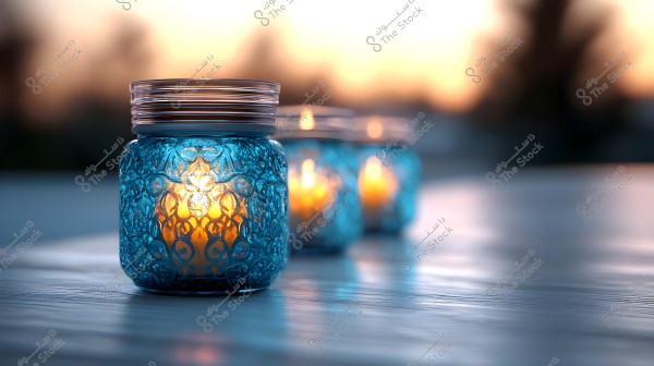 Image of a lit candle placed inside a blue glass jar with intricate patterns. The glass jar beautifully reflects the light, with similar jars in the background adding a warm glow to the scene. The background is blurred, showing a sunset.