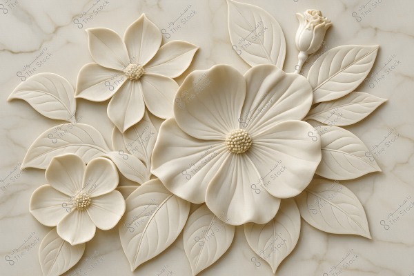 The image shows a raised artistic design of three-dimensional flowers engraved on an ivory-colored stone surface. The flowers and leaves are arranged harmoniously, with a large flower in the center surrounded by leaves and two smaller flowers to the left, along with a small flower bud at the top.