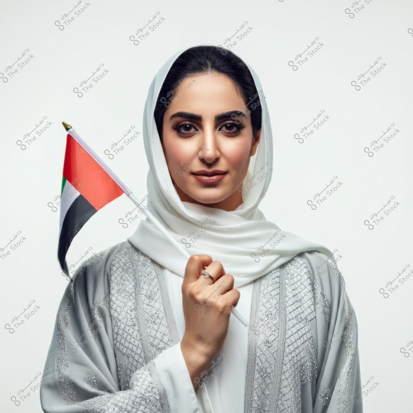 The image shows a woman wearing a white hijab and a light gray embroidered abaya, holding the UAE national flag. The white background emphasizes the details of her clothing and the flag clearly. The portrait reflects pride in national identity.