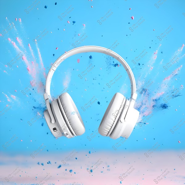 White headphones floating against a blue background. Colored powder in blue and pink hues bursts around them, giving a sense of dynamism and movement.