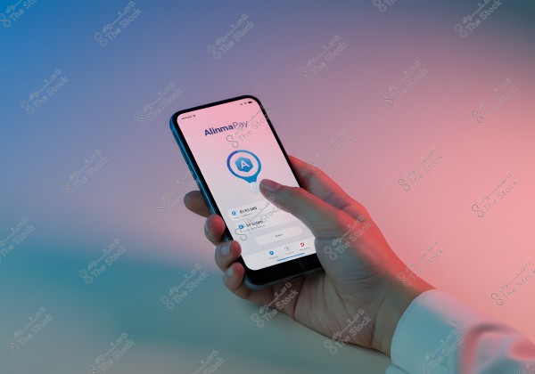A hand holding a smartphone displaying the \"AlinmaPay\" app on its screen. The screen shows an account balance and the app\'s logo in the center. The lighting varies between blue and pink, creating a modern and contemporary ambiance.