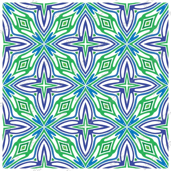 Symmetrical decorative pattern with blue and green colors consisting of interlocking geometric shapes.