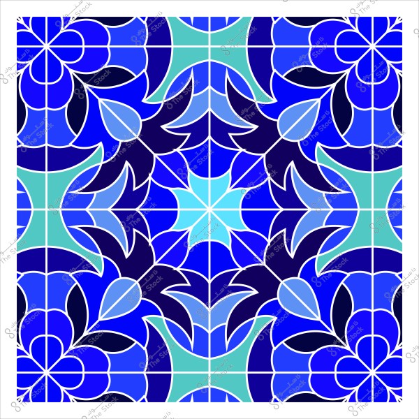 A geometric design featuring a mosaic pattern in shades of blue, teal, and indigo. The patterns include floral and abstract shapes interwoven symmetrically. The colors are diverse, creating a visually appealing and intricate effect.