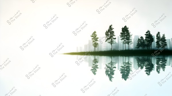 صورة لمنظر طبيعي يعرض أشجارًا مصطفة بجانب المياه تعكس صورتها في البحيرة الهادئة. في الخلفية, تظهر مباني مدينة متناغمة مع خطوط الأشجار, مع إضاءة خافتة تضيف لمسة سحرية للمشهد.