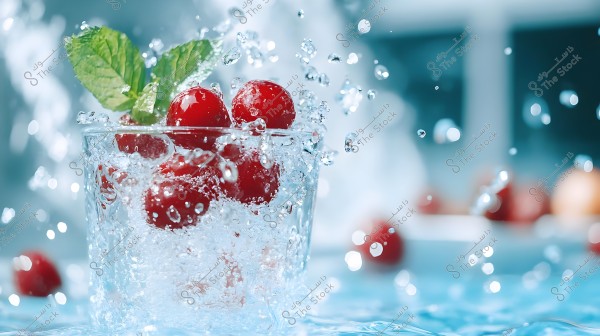A glass cup filled with red cherries and water, topped with a few green mint leaves. Water is splashing around the cup, creating an effect of movement and refreshment. The background is blurred with blue and white hues, adding a sense of purity and coolness.