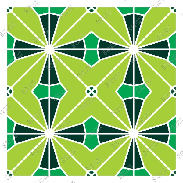 تصميم هندسي متماثل أخضر يحتوي على أشكال مُضلعة معقدة بنمط متكرر. يظهر التصميم بألوان الأخضر الغامق والفاتح مع خلفية خضراء وزخارف بيضاء تمتد على طول النمط.

-