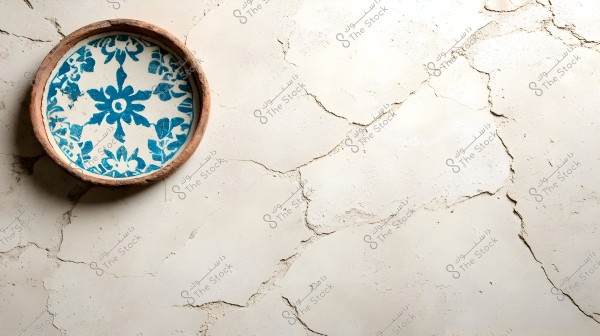 A round ceramic plate with brown edges and dark blue floral patterns on a white background. The plate is hanging on a wall with a light beige, cracked surface.