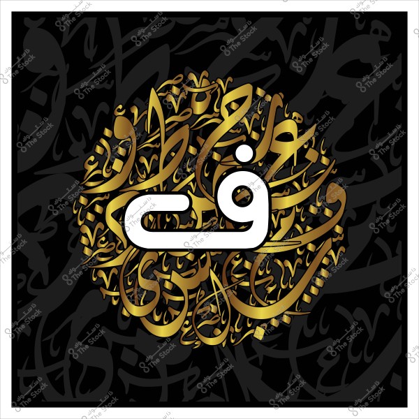 صورة تحتوي على تصميم فن الخط العربي التقليدي, حيث تبرز مجموعة من الخطوط العربية بزخرفة ذهبية تلتف حول كلمة "في". الخلفية سوداء وتحتوي على كتابة عربية بألوان داكنة متداخلة.

-