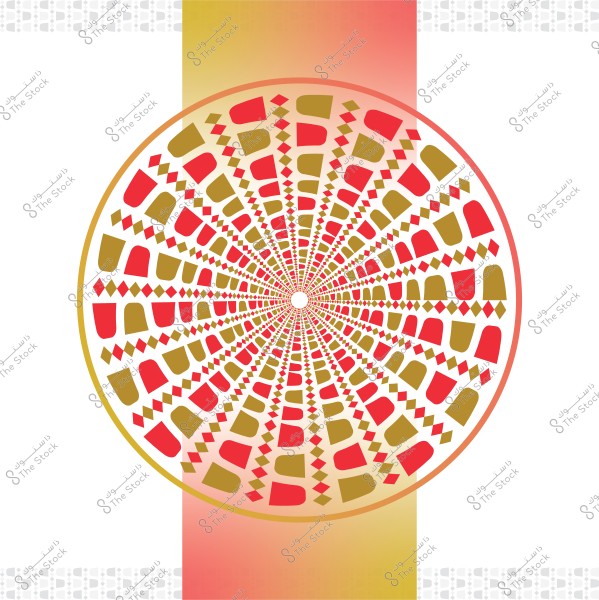A circular decorative design featuring repeating geometric patterns in red and gold. The pattern resembles an interwoven network of traditional architectural shapes, surrounded by a white background with a vertical strip colored in a gradient from yellow to pink, and corners adorned with gray patterns.