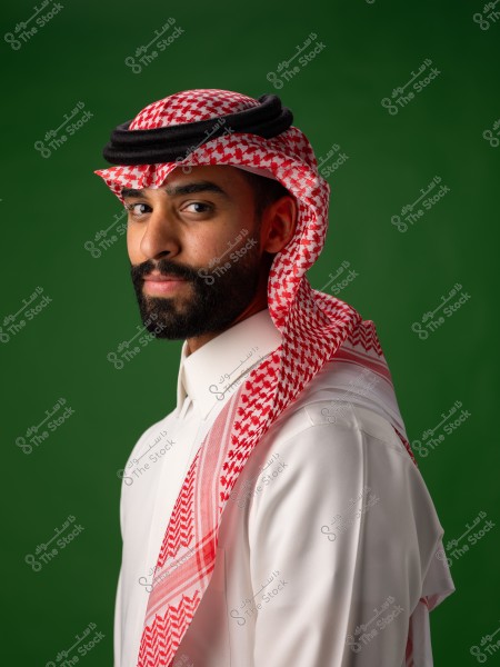رجل يرتدي الثوب الخليجي بخلفية خضراء.