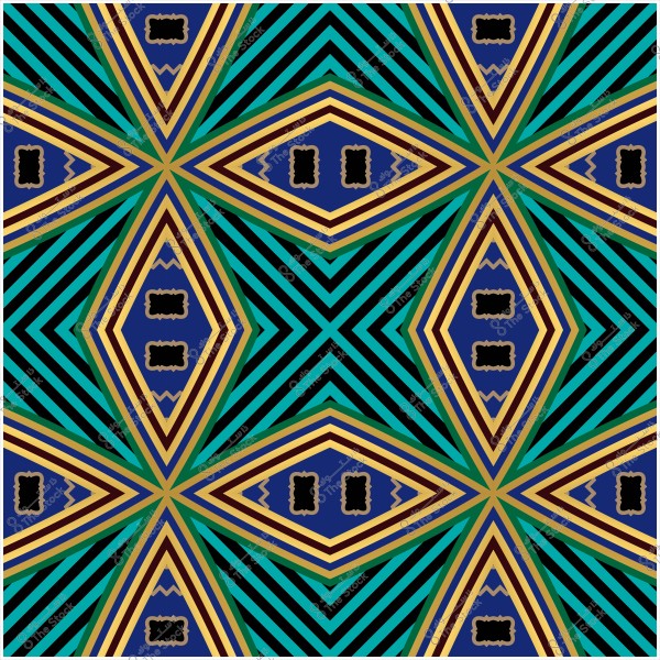 تصميم هندسي بأشكال ماسية وألوان خضراء وزرقاء وذهبية متقاطعة.
