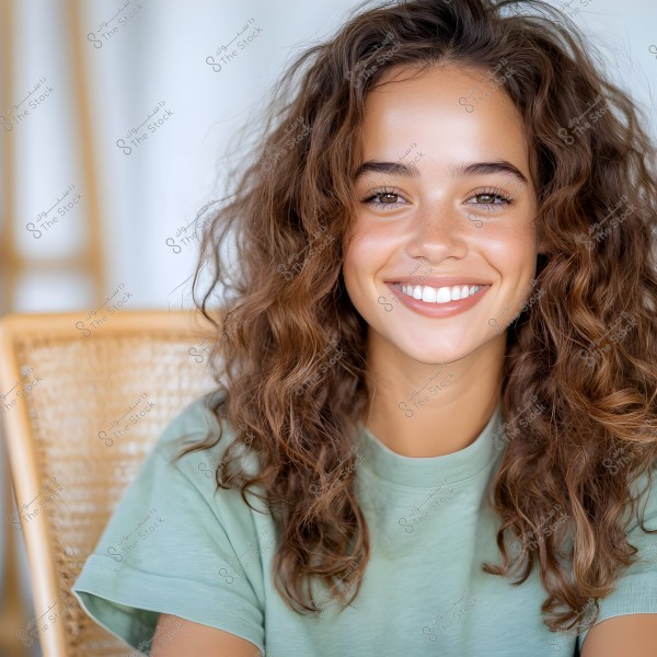 A person smiling cheerfully with curly brown hair, wearing a green shirt. The individual is seated in front of a blurred background and is dressed casually.