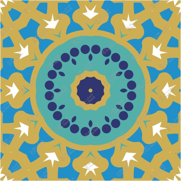 Interlocking Islamic geometric pattern in blue, gold, and white colors.