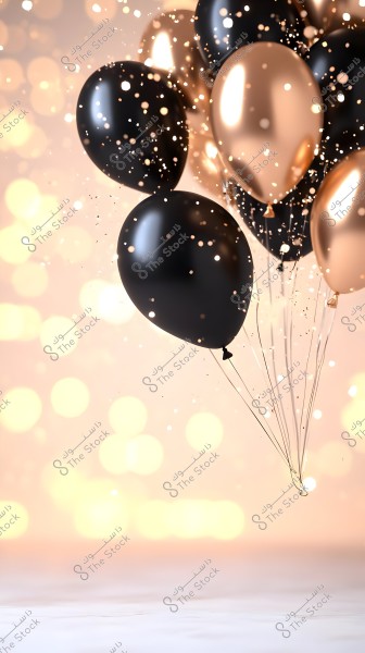 An image featuring a cluster of black and gold balloons floating against a cheerful background filled with sparkling lights, creating a festive and joyful atmosphere.