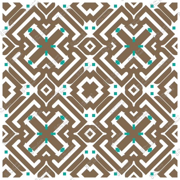 نمط هندسي تقليدي بألوان بني وأخضر مع تصميمات متكررة على خلفية بيضاء.