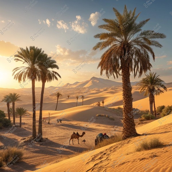 Stunning desert scene at sunset, featuring golden sand dunes and tall palm trees. Two camels with goods are at the center, suggesting a desert journey. Scattered clouds in the sky enhance the beauty of the scene.