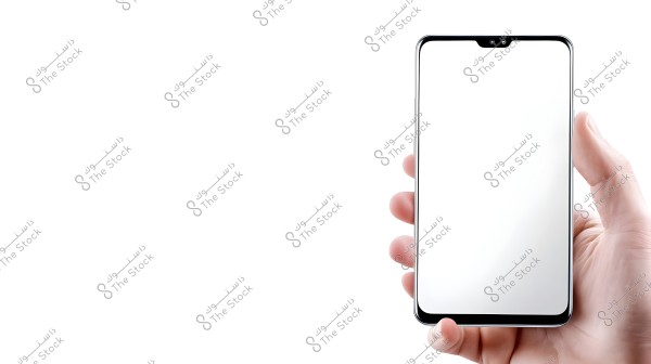A hand holding a smartphone with a blank screen against a white background. The device has thin bezels and a front camera at the top of the display.