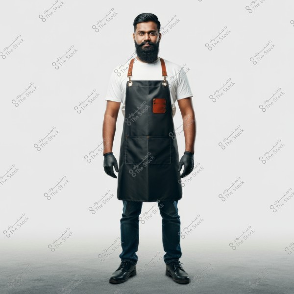 A portrait of a man standing against a white background, wearing a white shirt and blue jeans. He is wearing a black apron with a brown pocket and black gloves. The man has a thick beard and dark hair. The image could be set in a culinary or craftwork context.
