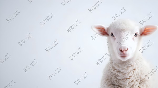 Image of a young lamb with soft white wool and black eyes. The ears are noticeable and have a pink color inside. The background is white with subtle gradients, highlighting the lamb\'s shape beautifully.