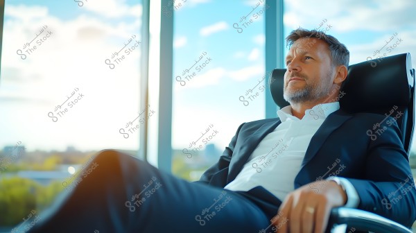 An image of a man sitting in an office chair, wearing a dark formal suit and a white shirt. The background shows a view through a large glass window with a blue sky and clouds. The man appears relaxed and contemplative.
