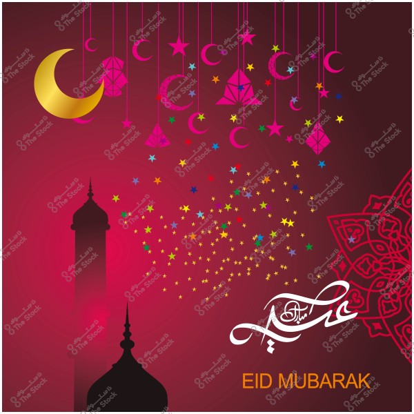 تصميم تهنئة عيد مبارك مع هلال ذهبي وزخارف إسلامية على خلفية حمراء.
