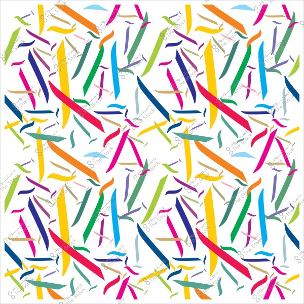 Abstract pattern composed of various geometric shapes in bright colors like red, blue, and green on a white background.