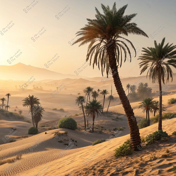 منظر طبيعي صحراوي يظهر أشجار النخيل المنتشرة على الكثبان الرملية في أفق يغمره ضوء الشمس الذهبي أثناء الشروق أو الغروب. تلتقي السماء الصافية مع الأفق البعيد, مما يخلق جواً من الهدوء والجمال الطبيعي.
