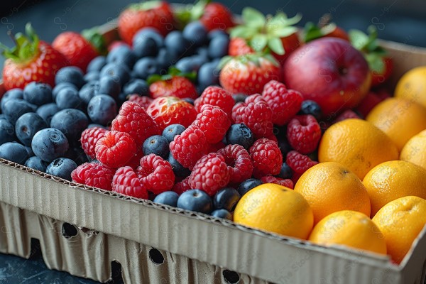 Fresh assorted fruits, strawberries, blueberries, raspberries, apples, oranges, white background, food photography, colorful fruits, professional photo, fruit photography, healthy food, stacked fresh fruits, food background