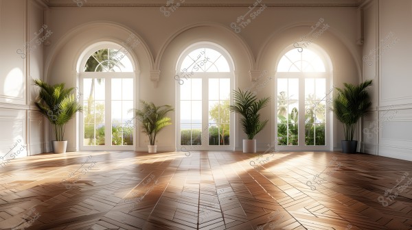 The image shows a spacious interior room with a beautifully crafted and patterned wooden floor. The room features three large arched windows allowing natural light to flood in. There are green indoor plants in pots beside each window. Outside, palm trees and a natural view are visible, providing a sense of openness and harmony with nature.