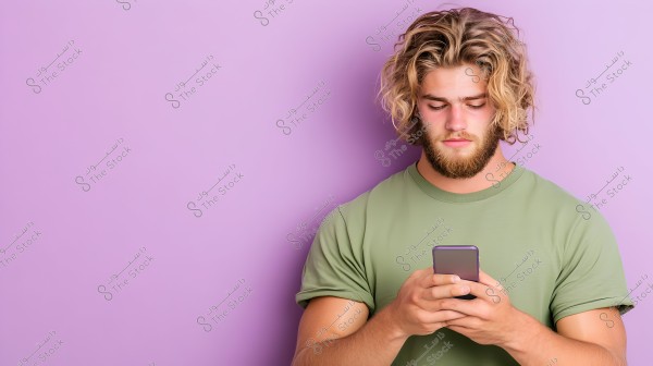 An image of a young man with long blond hair and a beard, wearing a light green shirt. He is holding a mobile phone and appears focused while looking at the phone. The background is a purple color.
