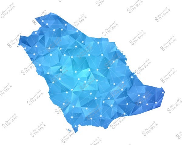 An abstract map of Saudi Arabia featuring a blue polygonal design, covered with a network of intersecting lines and dots. The map is set against a white background.