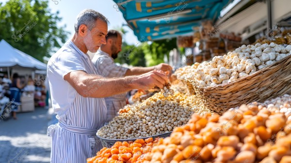 Two men are standing in an outdoor market, with the man in the foreground wearing a light-colored striped shirt and an apron, arranging dried nuts and fruits displayed in baskets. In the background, green trees and white tents are visible.